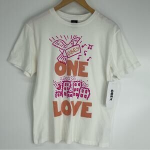 Obey NEW Dove Peace Graphic One Love Tee T-Shirt White/Pink Size Small